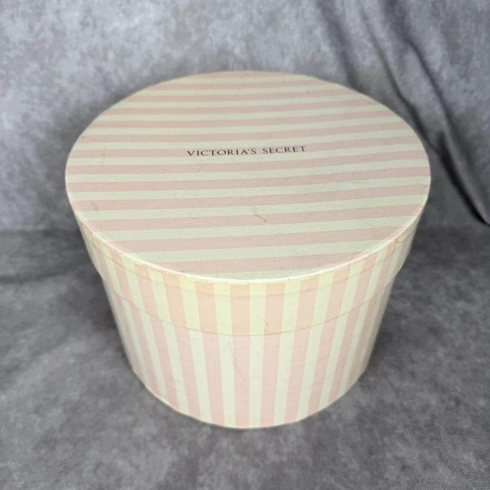 Victoria's Secret Pink Striped Round Gift Hat Box Storage Container Vintage
